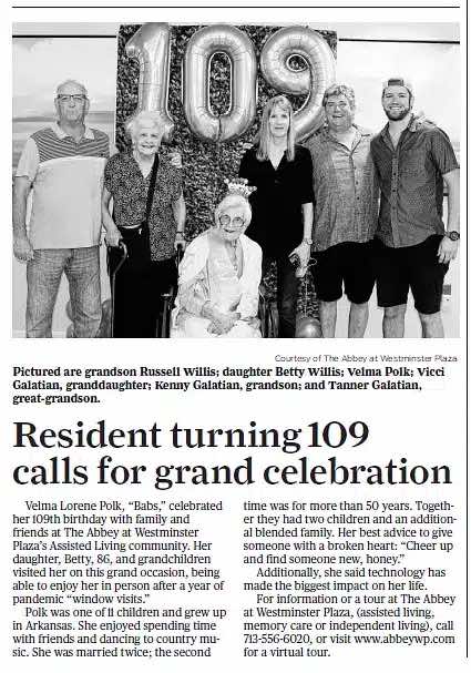 Resident Turning 109 Calls for Grand Celebration
