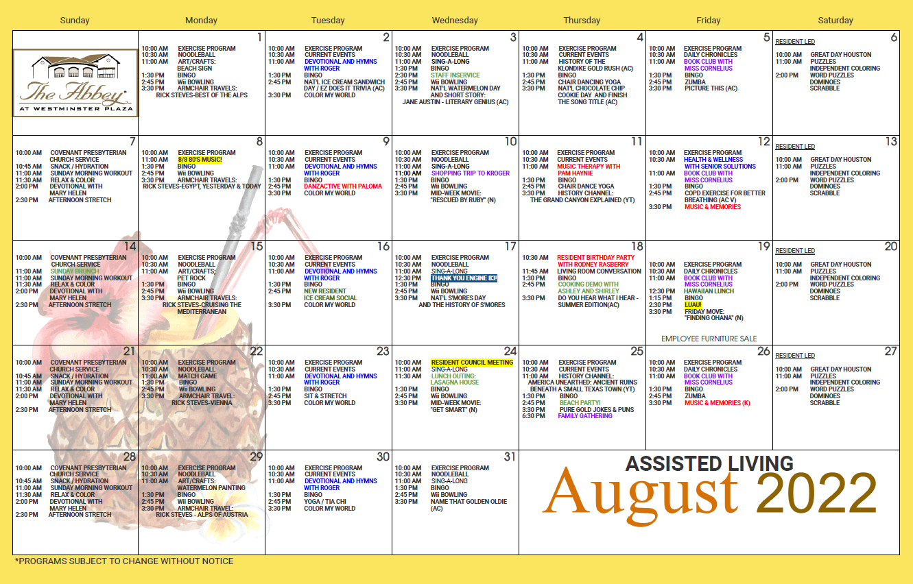 AL August Calendar
