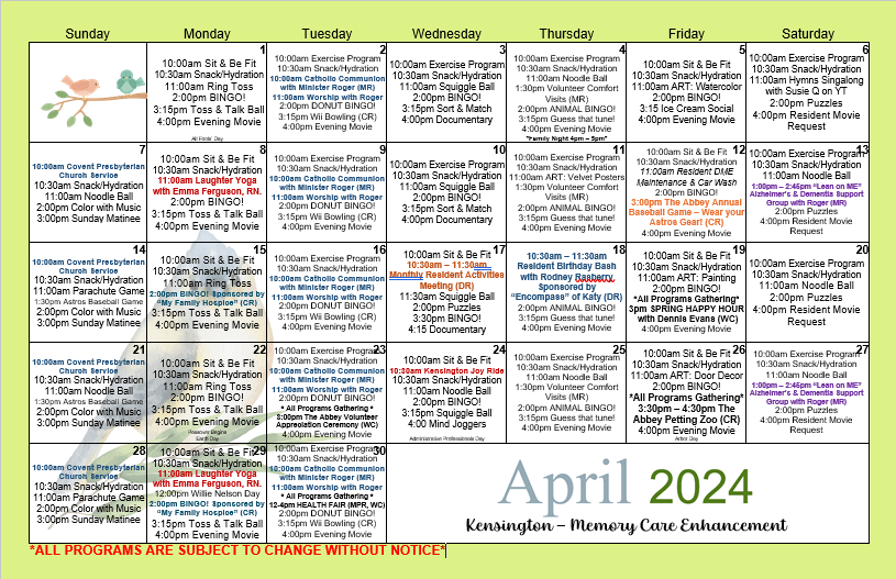 The Abbey | The Kensington Activity Calendar April 2024