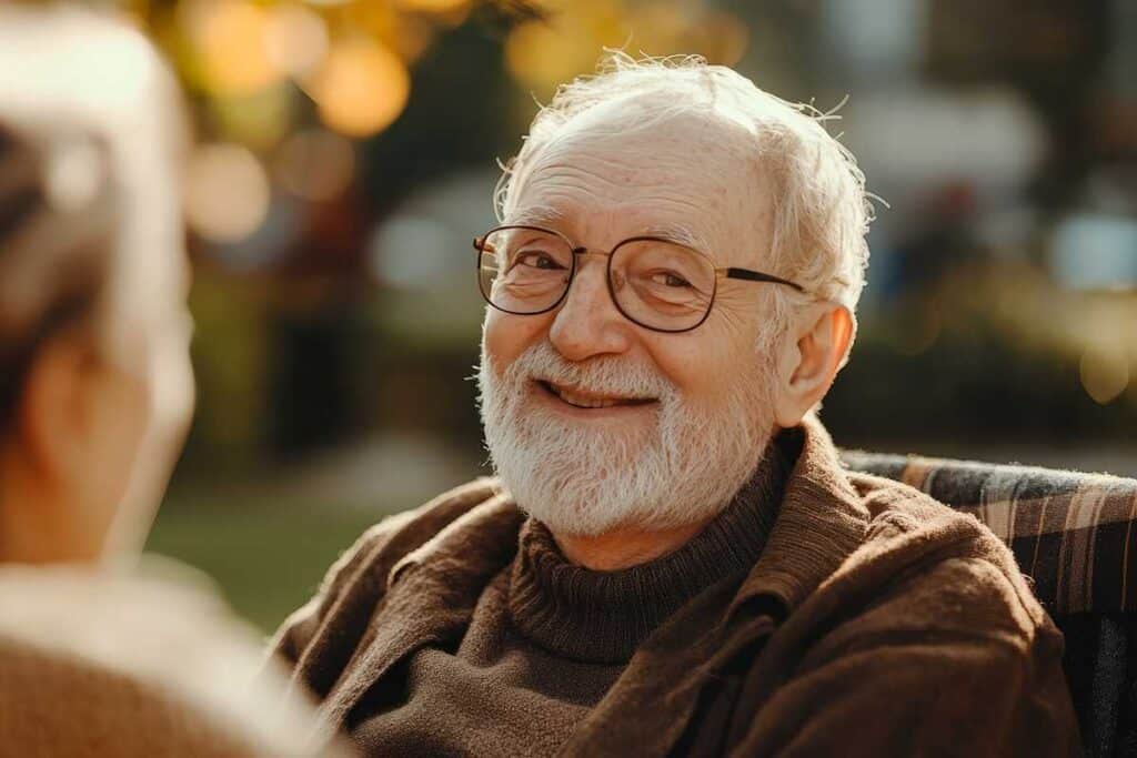 The Abbey | Happy Senior Couple Sitting Outside- Talking and Relaxing