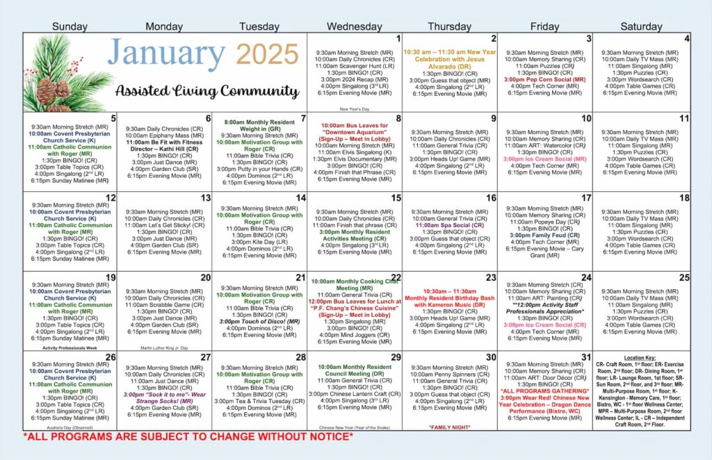 The Abbey | Assisted Living Calendar 2025