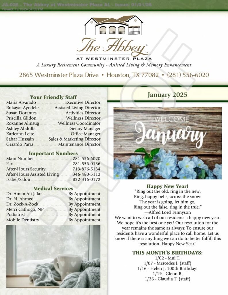 The Abbey | Assisted Living newsletter