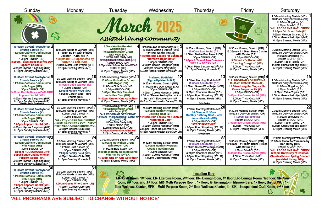 The Abbey | March AL Calendar