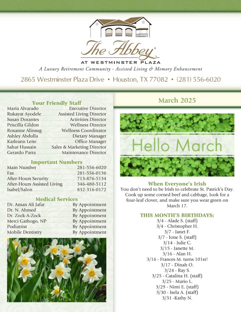 The Abbey | March Assisted Living and Memory Care Newsletter